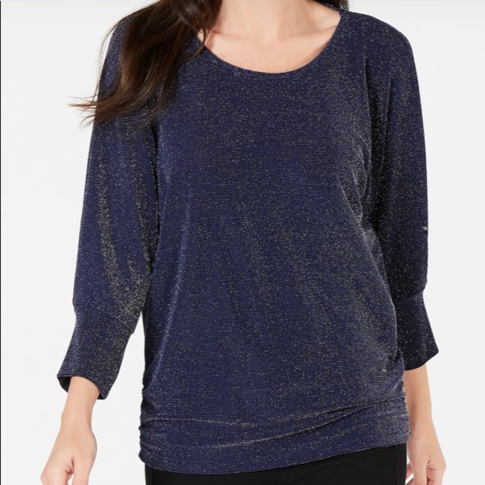 NWT - JM Collection Metallic Boat-Neck Top Navy